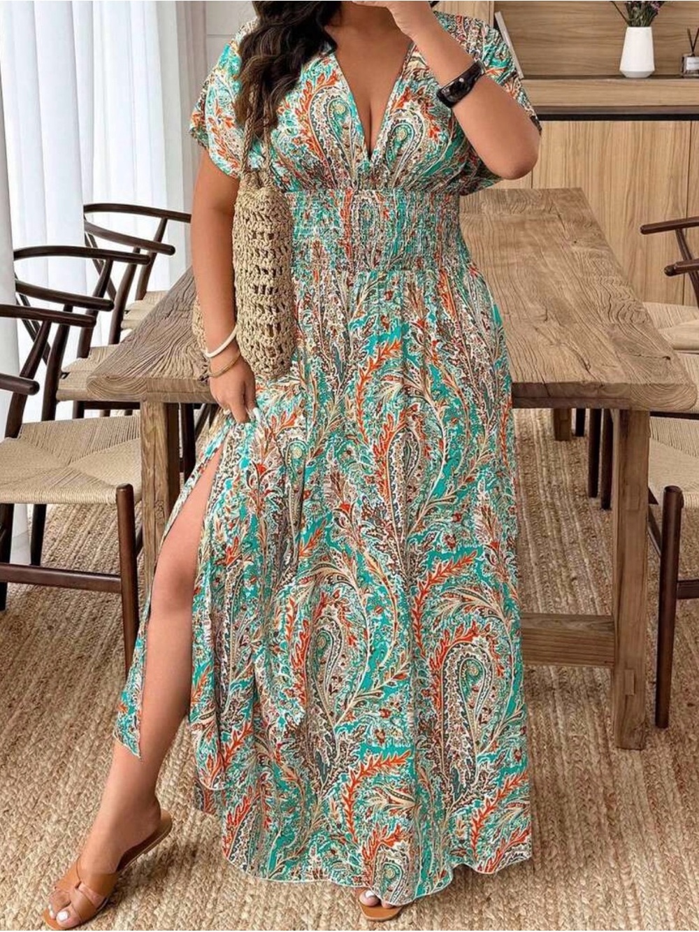 SHEIN Teal and Orange Paisley Maxi Dress